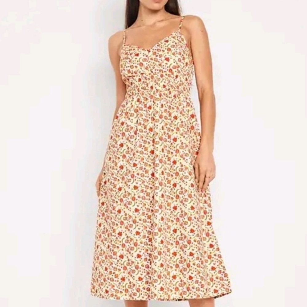 Sleeveless Floral Midi Dress in Cream and Coral